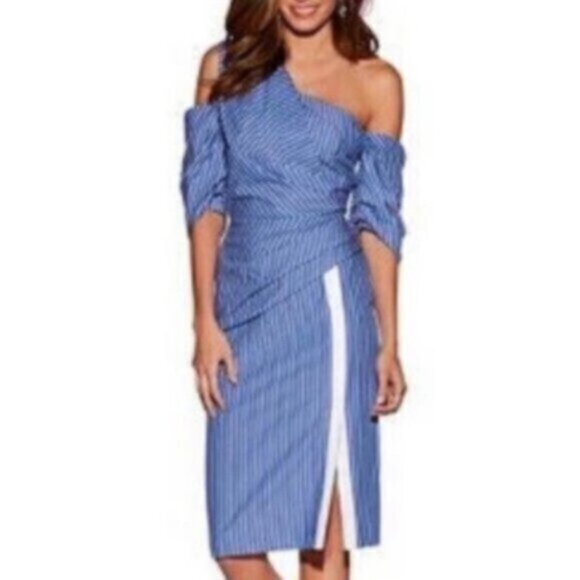 Dabney Charlton Blue & White Striped One Shoulder Asymmetric Midi Dress - Picture 1 of 11